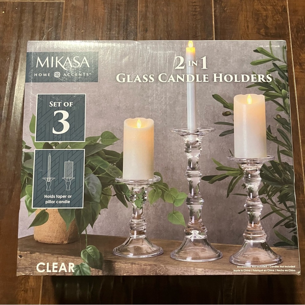 * NEW * Mikasa 2-in-1 Glass Candle Holders Set of 3
